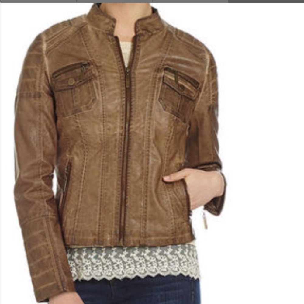 Indigo saints distressed brown faux leather jacket